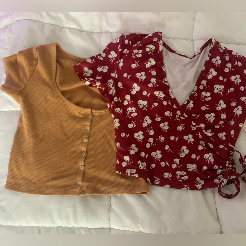 2 Croped shirts, one yellow and one red with flowers